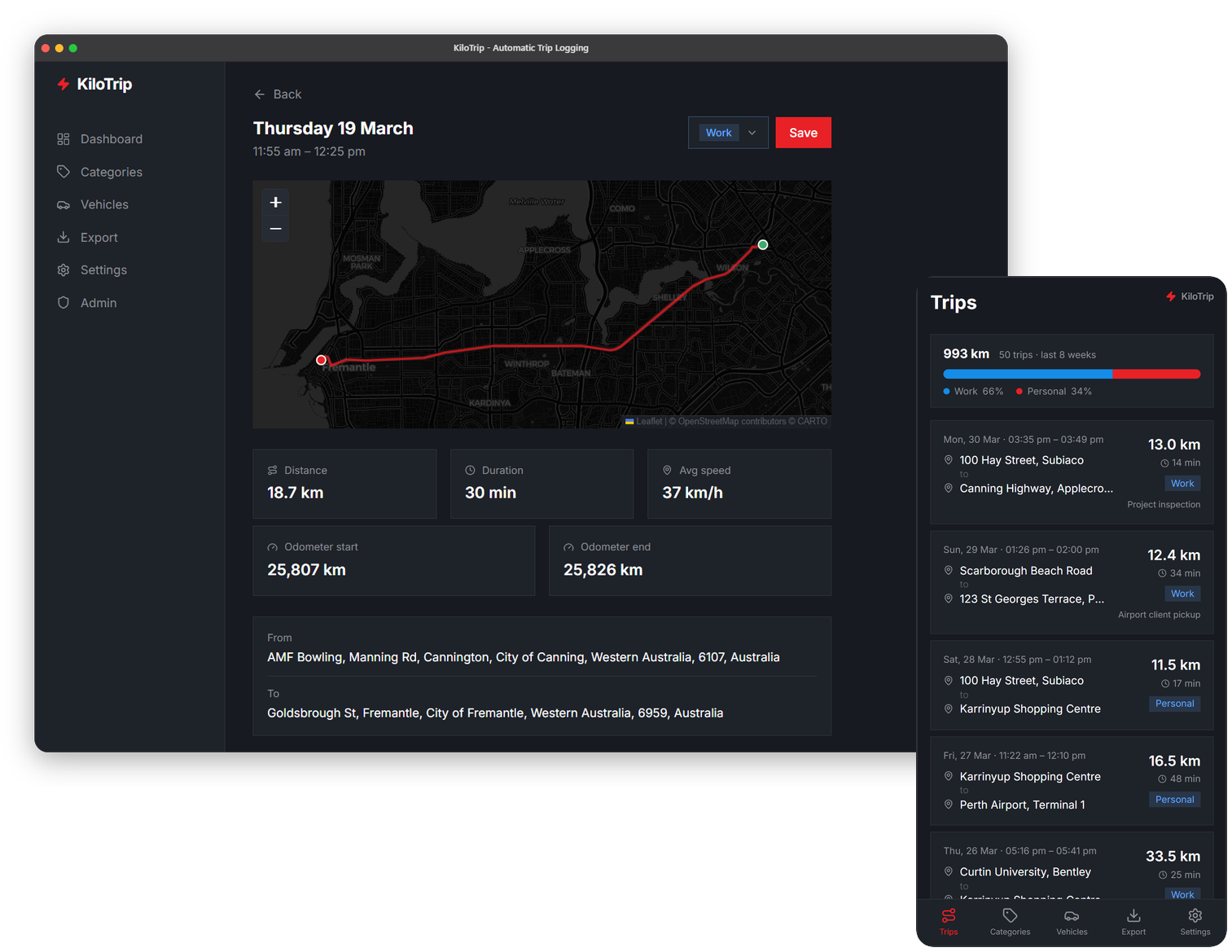 KiloTrip automatic Tesla trip logbook dashboard showing trips on desktop and mobile